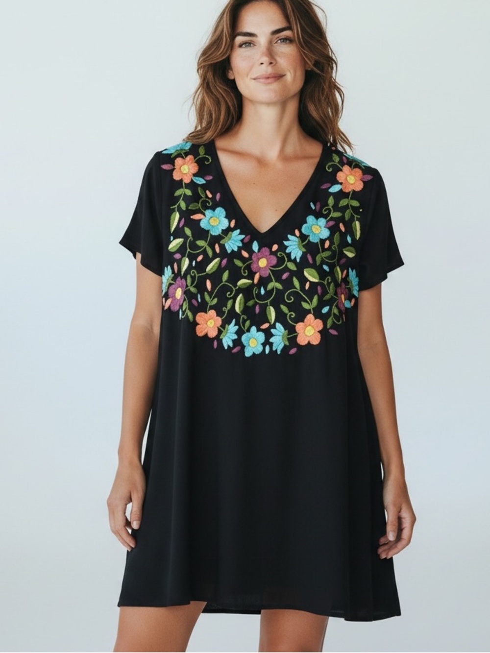 Judith March Flutter Sleeve Multicolor Floral Embroidery Dress Black Size Small - Picture 1 of 12